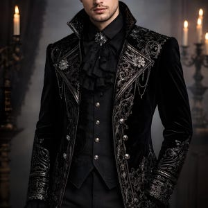 Men's Black Embroidered Gothic Victorian Tailcoat | Baroque Steampunk Wedding Jacket