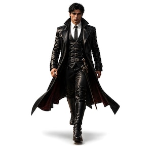 May include: A black leather trench coat, vest, trousers, and boots. The coat has a wide collar and a red lining. A sword is attached to the belt. The outfit is worn with a white shirt and black tie.