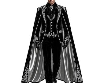 Completo da uomo gotico vittoriano con mantello, frac nero ricamato, abito da matrimonio da vampiro, costume cosplay