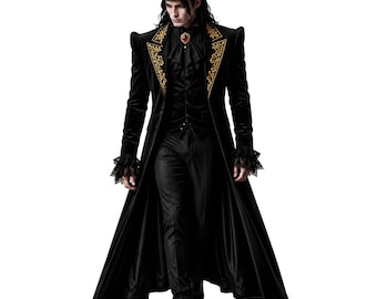 Abrigo gótico de vampiro para hombre, frac victoriano negro, chaqueta larga formal steampunk con bordado dorado, estilo cosplay.