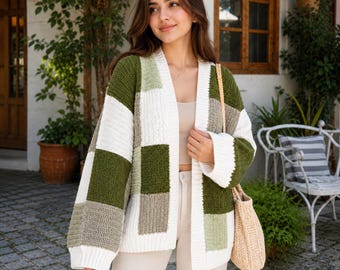 Chunky Patchwork Knit Cardigan, Oversized Color Block Sweater, Boho Open Front Jacket