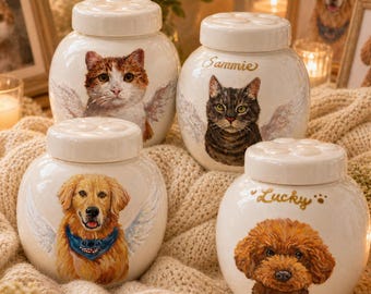 Hand-Painted Pet Portrait Urn,Personalized Dog Cat Memorial Urn with Portrait,Rainbow Bridge Sympathy Gift