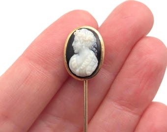 Antique Victorian 14k Gold Carved Agate Black & White Left Facing Cameo Hat Stick Pin