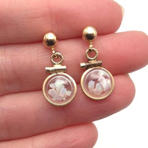 May include: A pair of gold-toned dangle earrings. Each earring features a small, clear, circular pendant filled with white, irregularly shaped stones. The earrings have a post and a small, round top.