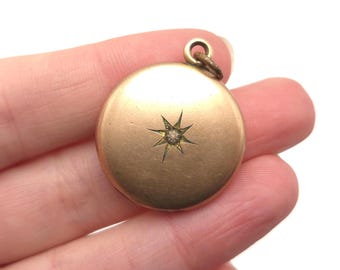 Antique Art Nouveau Gold Filled Starburst Locket Round Signed W&H Co. Keepsake Jewelry Pendant
