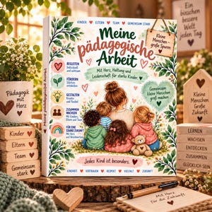 Könnte beinhalten: Ein gebundenes Buch mit dem Titel Meine pädagogische Arbeit, das eine Illustration eines Erwachsenen und vier Kindern zeigt. Das Cover enthält Text, Herzsymbole und florale Akzente in einer sanften Farbpalette mit Fokus auf pädagogische Themen.