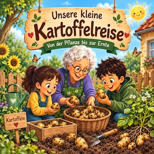 May include: A colourful illustration of an older person and two children harvesting potatoes in a garden. A wooden sign above reads "Unsere kleine Kartoffelreise Von der Pflanze bis zur Ernte". A basket and crate filled with potatoes sit on the soil.