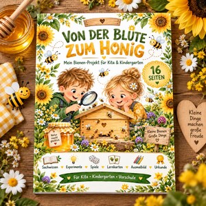 May include: A children's book titled Von der Blüte zum Honig featuring illustrations of two children observing a beehive with a magnifying glass, surrounded by sunflowers and bees. The cover includes text, icons for activities, and a 16-page label.