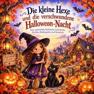 May include: A book cover titled Die kleine Hexe und die verschwundene Halloween-Nacht featuring a young witch in a purple dress and hat holding a broom, a black cat, jack-o'-lanterns, lanterns, and a house in a colorful autumn forest setting.