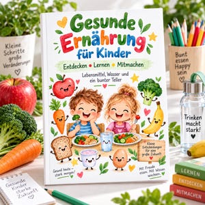May include: A children's book titled Gesunde Ernährung für Kinder featuring colourful illustrations of a boy and girl eating healthy food. The cover includes cartoon drawings of an apple, carrot, broccoli, banana, bread, and egg with faces.