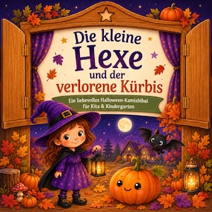 May include: A storybook cover titled Die kleine Hexe und der verlorene Kürbis featuring a young witch in a purple dress and hat holding a lantern. The scene includes a smiling orange pumpkin, a flying bat, autumn leaves, and a wooden frame.