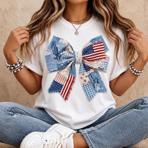 Patriotisk kokett rosett PNG, vintage amerikansk flagga lapptäckedesign (digital nedladdning)