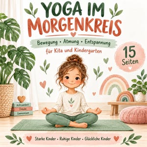 Puede incluir: Una portada de libro titulada YOGA IM MORGENKREIS que muestra a un niño en posición de loto sobre una esterilla verde. El texto menciona movimiento, respiración y relajación para preescolar, con ilustraciones de plantas, corazones y un arcoíris.
