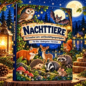 Könnte beinhalten: Ein gebundenes Buch mit dem Titel NACHTTIERE, das Illustrationen von Fuchs, Reh, Igel, Dachs, Waschbär, Maus, Eule und Fledermaus in einem nächtlichen Wald zeigt. Das Cover enthält den Text 12 kreative Lern- und Beschäftigungsaufgaben sowie Für Kita Kindergarten Vorschule.