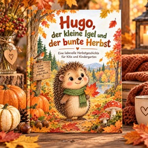 May include: A children's book titled Hugo, der kleine Igel und der bunte Herbst featuring an illustration of a hedgehog wearing a green scarf and holding a red leaf, set in an autumn forest with pumpkins, mushrooms, and a wooden sign.