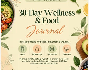 Peut inclure: Un journal de bien-être et alimentaire de 30 jours sur fond crème, orné d'illustrations à l'aquarelle d'avocat, de tomates et d'eau citronnée. Le texte inclut des sections pour suivre les repas, l'hydratation et le mouvement.
