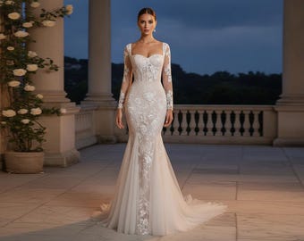 White Lace Mermaid Wedding Dress, Sweetheart Corset Long Sleeve Bridal Gown