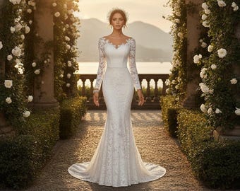 Wedding Dress, Vintage Lace Applique Sheer Long Sleeve Collar, Boho Wedding Dress with Long Sleeves, Elegant Corset Wedding Dress