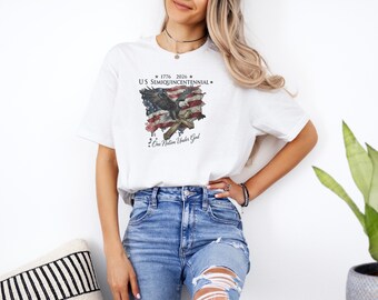 Camiseta unisex con estampado de la bandera del águila calva del 1776 al 2026 del Semiquincentenario de EE. UU., "Una nación bajo Dios", 4 de julio, Independencia de Estados Unidos.