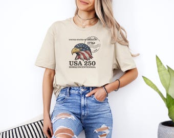 Camiseta unisex con diseño de águila calva por el 250 aniversario de Estados Unidos, camiseta conmemorativa del 250 aniversario de Estados Unidos, 4 de julio de 2026.