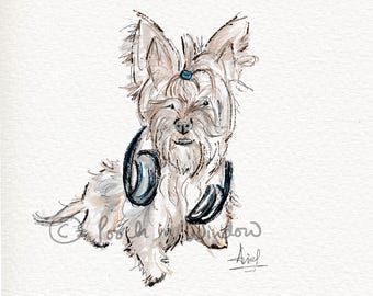 Lámina artística con auriculares y coleta de perro Yorkshire Terrier – Ilustración de mascota dibujada a mano (Descarga digital)