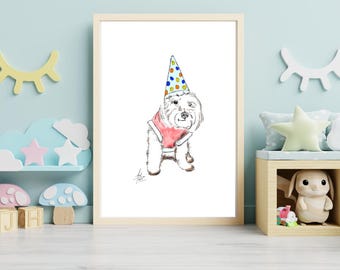 Lámina con diseño de terrier blanco y gorro de cumpleaños – Arte mural de perro dibujado a mano (descarga digital)