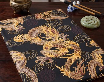 Imperial Gold Dragon on Black Pure Cotton | Traditional Cloud Print | Fast US Shipping | Exclusive Pre-Cut Pieces
