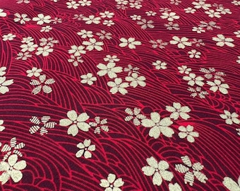Crimson Cherry Blossom & Wave Print Cotton | Heritage Floral Fabric | Fast US Shipping | Exclusive Pre-Cut 1.1 Yard Piece