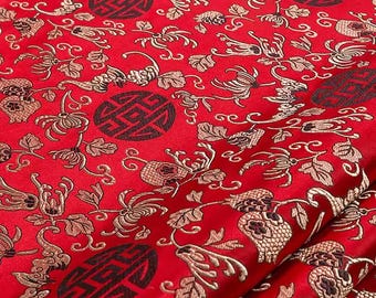 Brilliant Red & Gold Auspicious Motif Brocade | Artificial Silk Jacquard | Fast US Shipping | Exclusive Pre-Cut 4.4 Yard Piece