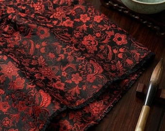 Intricate Crimson & Black Floral Brocade | Premium Woven Jacquard | Fast US Shipping | Exclusive Pre-Cut 5 Yard Piece