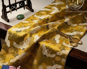 Imperial Gold Crane Brocade | Exclusive Pre-Cut 2.3 Yard Piece | 82x30 in. | Oriental Jacquard Fabric | Fast US Shipping
