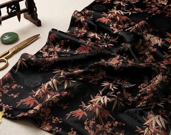 Black Brocade with Red & Gold Plum and Bamboo | Fine Oriental Jacquard Brocade | Fast US Shipping | Exclusive Pre-Cut 3.8 Yard Piece