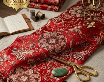 Exclusive Pre-Cut Pieces | Crimson Red & Gold Lotus Brocade | Extra-Wide 60" | Silk Rayon Jacquard | Fast US Shipping