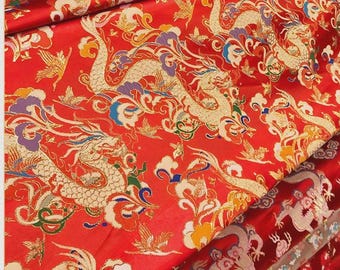 Vibrant Red & Gold Imperial Dragon Brocade | Exclusive Pre-Cut 1.2 Yard Piece | 60x43 in. | Oriental Jacquard | Fast US Shipping