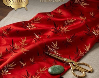 Crimson Red & Gold Bamboo Brocade | Exclusive Pre-Cut 0.7 Yard Piece | 25x29.5 in. | Fine Oriental Jacquard | Fast US Shipping