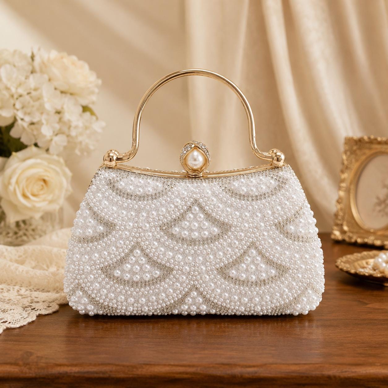 Pearl Bridal Bag, White Beaded Wedding Handbag, Gold Frame Top Handle Purse, Rhinestone Bride Bag, Pearl Wedding Clutch