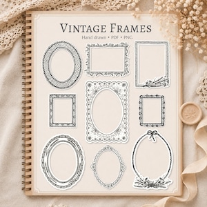 Może przedstawiać: Kolekcja dziewięciu wzorów ramek w stylu vintage w czerni i bieli, o różnych kształtach i dekoracyjnych detalach. Tekst "VINTAGE FRAMES" znajduje się na górze, poniżej "Hand drawn • PDF • PNG". Ramki są na kremowym tle.