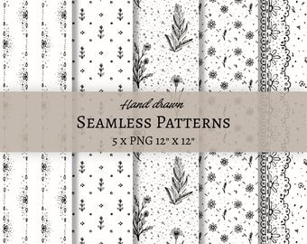 Puede incluir: Una colección de cinco patrones digitales sin costuras en blanco y negro con ilustraciones botánicas, motivos florales y bordes decorativos dibujados a mano. La imagen incluye el texto Hand drawn SEAMLESS PATTERNS 5 x PNG 12" x 12".