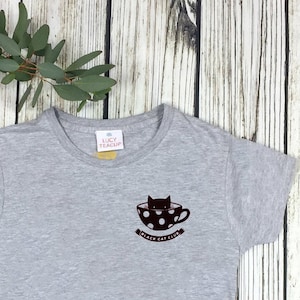 Black Cat Club Woman&#39;s Heather Grey top with teacup and paw prints. Ladies T-Shirt. Cat Lover
