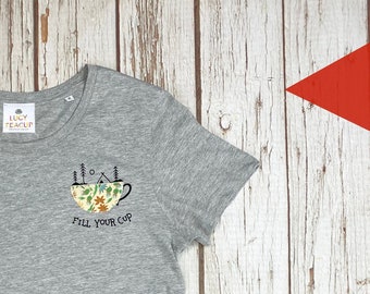 Fill Your Cup | Organic Cotton T-Shirt | Women's Heather Grey Tee | Tea Lover Apparel | Sizes Small to 2XL Floral Appliqué