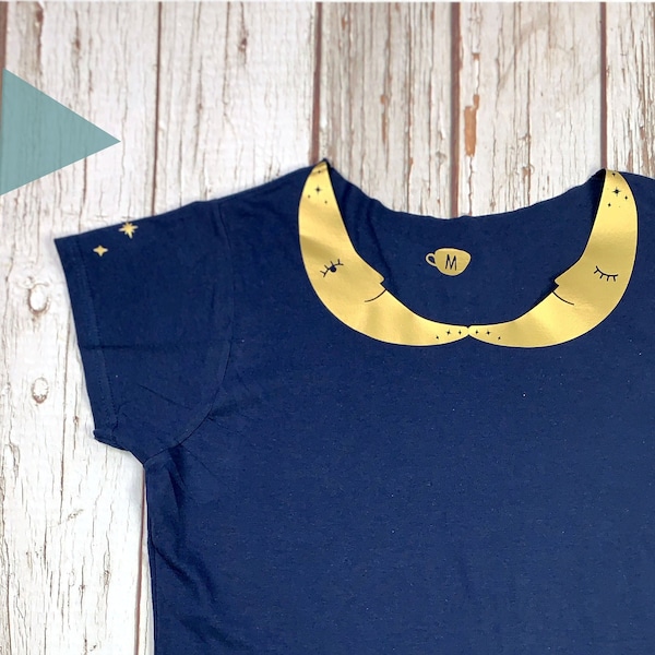 Crescent Moon Collared Woman's Navy top with shiny gold stars. Ladies T-Shirt.