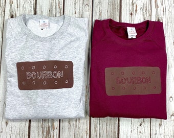 Bourbon Biscuit Sweatshirt. Heather grey or burgandy brown top, British biscuit lover clothing. Crew sweater