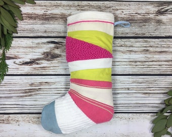 Bright Handmade Christmas Stocking- patchwork, quilted, punch hook! White, yellow, blue and pink colour block! Ready to Ship!