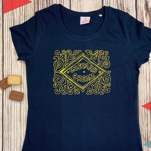 Organic cotton! Custard Cream Biscuit T-Shirt. Woman&#39;s Navy Blue top, Ladies biscuit lover clothing Small-2XL. Lucy Teacup gift.
