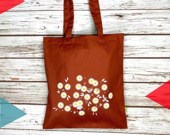 Organic Cotton Daisy tote bag. Terracotta Earth brown Autumnal flower shopper. Rust bag for life