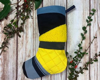 Handmade Christmas Stocking- patchwork, quilted & punch hook! Navy Blue and yellow, colour block!