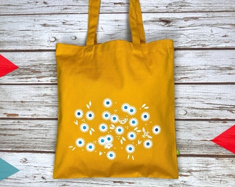 Mustard Yellow Daisy Organic Cotton bag for life. Flower shopper. Thick Floral tote