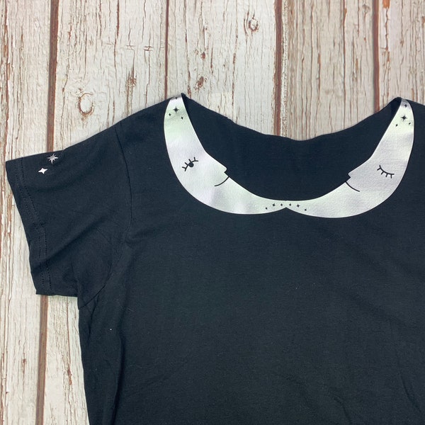 Crescent Moon Peter Pan Collar Woman's Black top with shiny silver stars. Ladies T-Shirt.