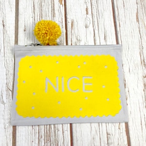 Nice pouch. British Biscuit pencil case. Mellow yellow with PomPom. Cosmetic case, make-up bag image 1
