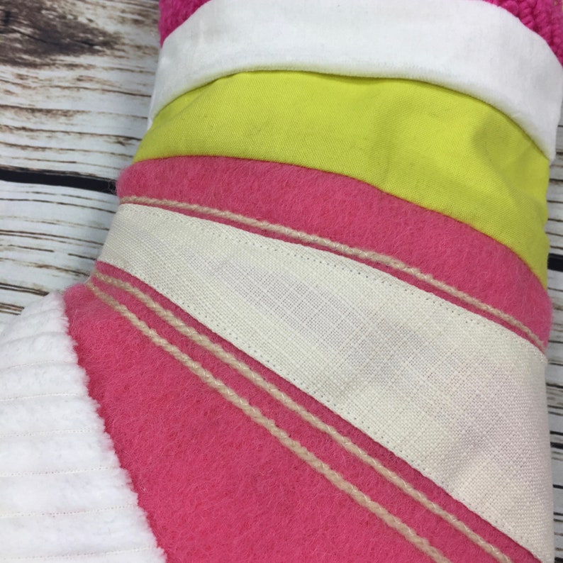 Bright Handmade Christmas Stocking patchwork, quilted, punch hook White, yellow, blue and pink colour block Ready to Ship image 2